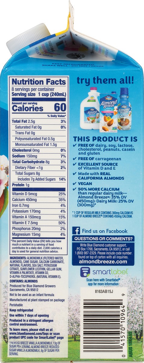 slide 8 of 13, Almond Breeze Reduced Sugar Vanilla Almondmilk 0.5 gl, 64 fl oz