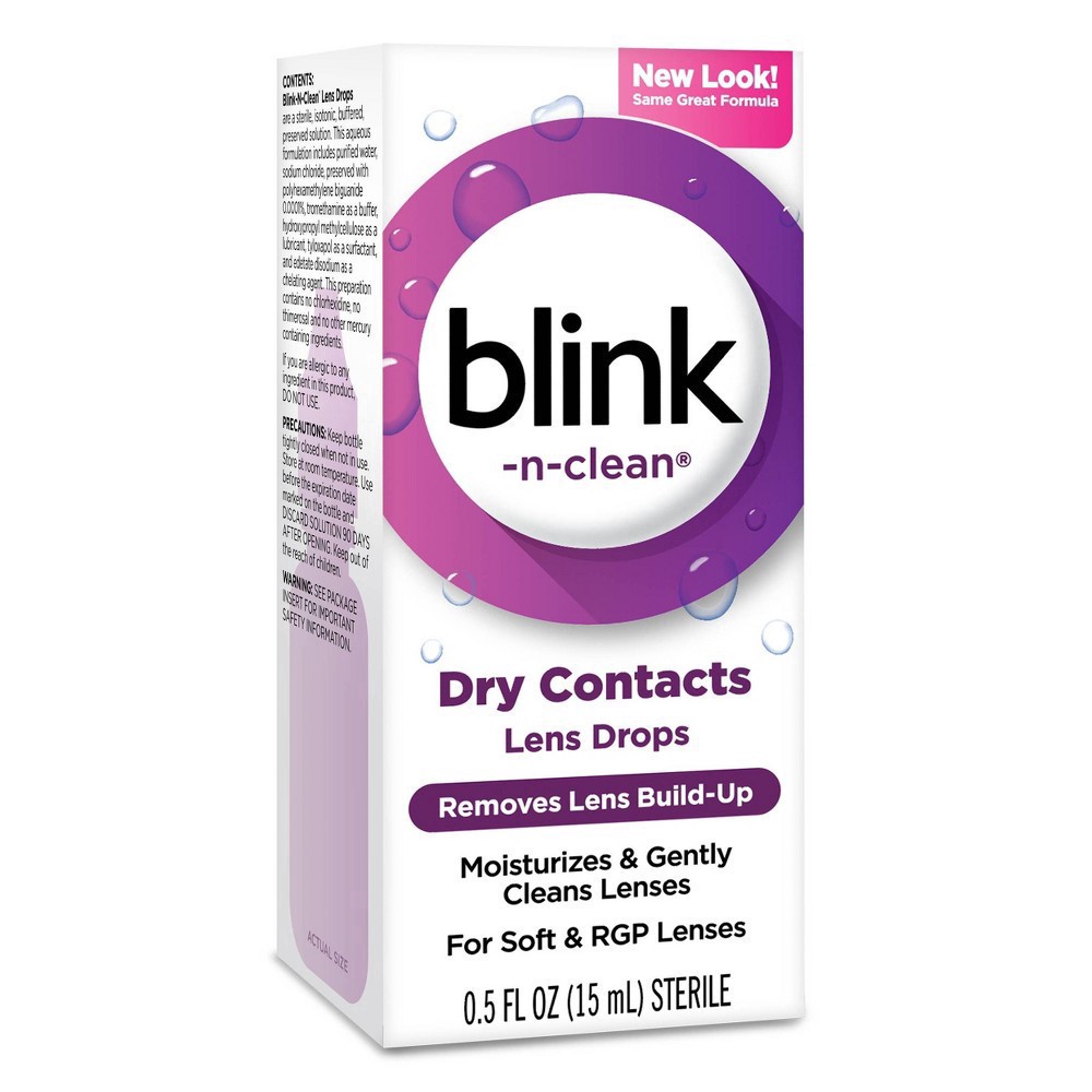 slide 3 of 15, Blink-N-Clean Lens Drops, Rewetting Drops for Contact Lenses, Instant Dry Lens Moisturizing, for Soft & RGP Lenses, 0.5 fl oz
, 15 ml