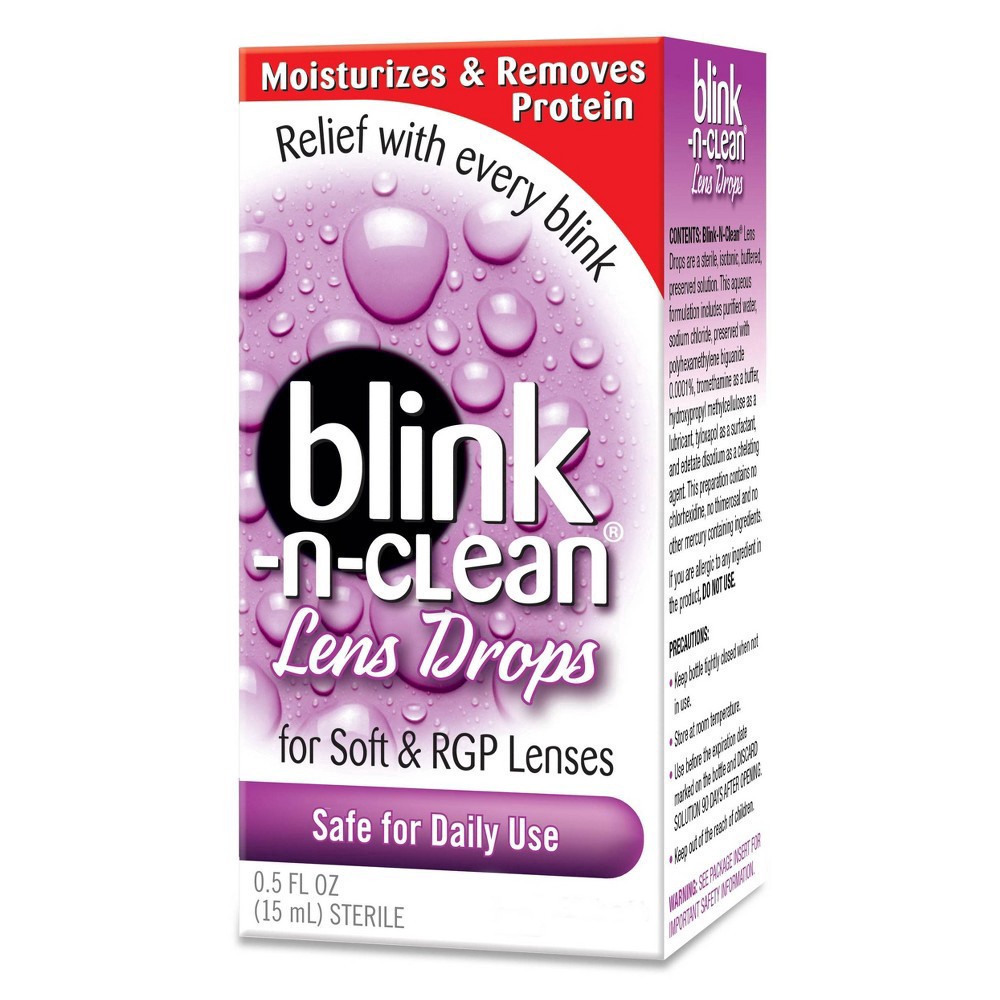 slide 8 of 15, Blink-N-Clean Lens Drops, Rewetting Drops for Contact Lenses, Instant Dry Lens Moisturizing, for Soft & RGP Lenses, 0.5 fl oz
, 15 ml