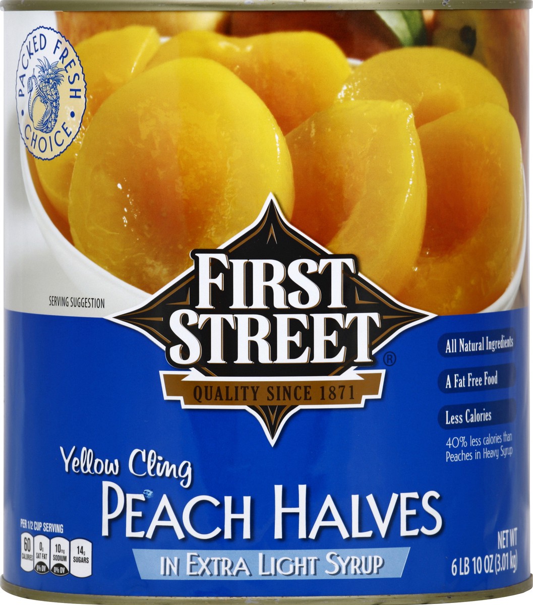 slide 2 of 6, First Street Peach Halves In Extra Light Syrup, 106 oz