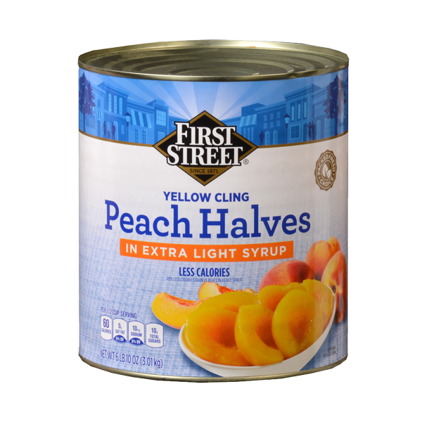 slide 1 of 6, First Street Peach Halves In Extra Light Syrup, 106 oz