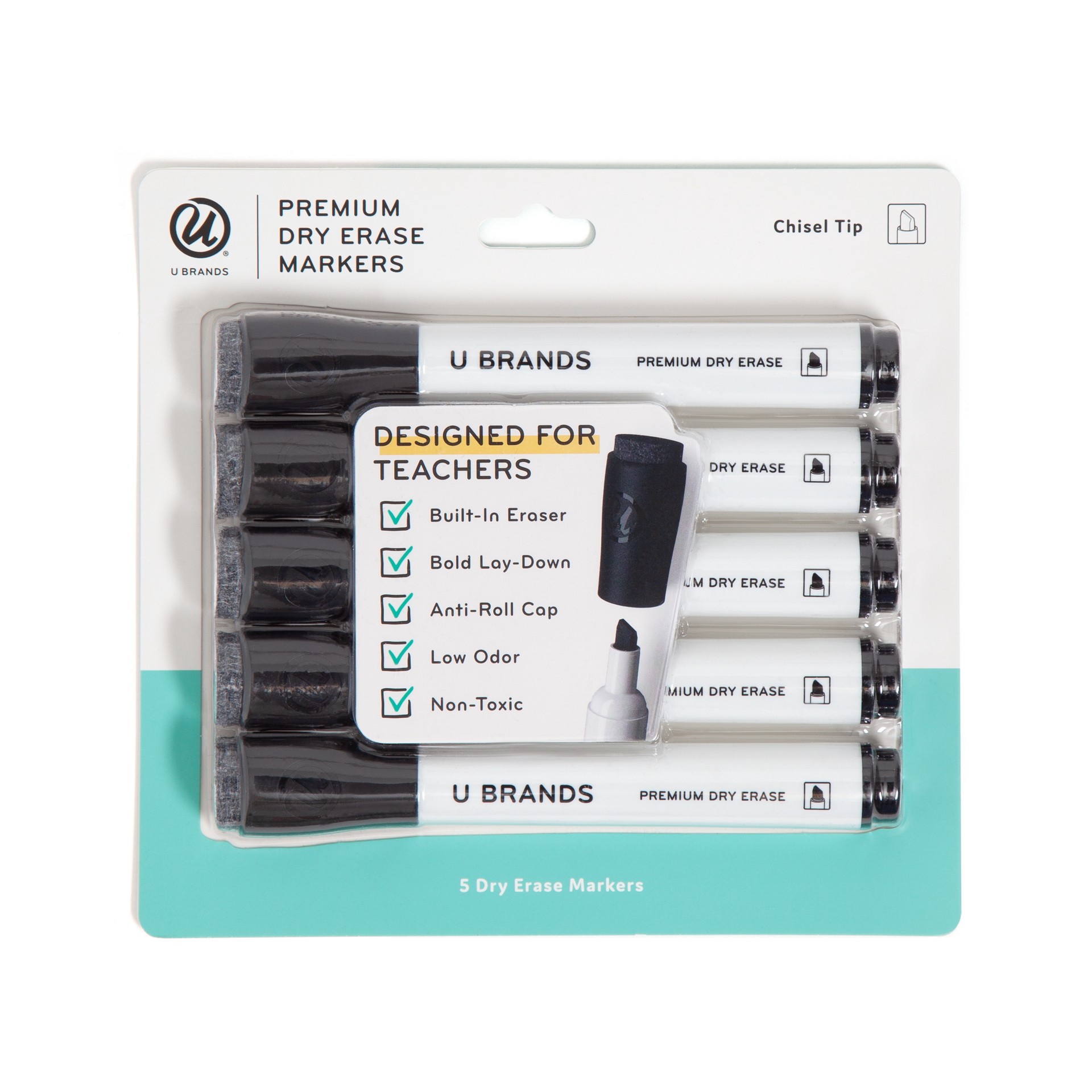 slide 1 of 6, U Brands Dry Erase Markers, Set of 5, Black, Low-Odor, Chisel (5 mm) Tip, 5 ct