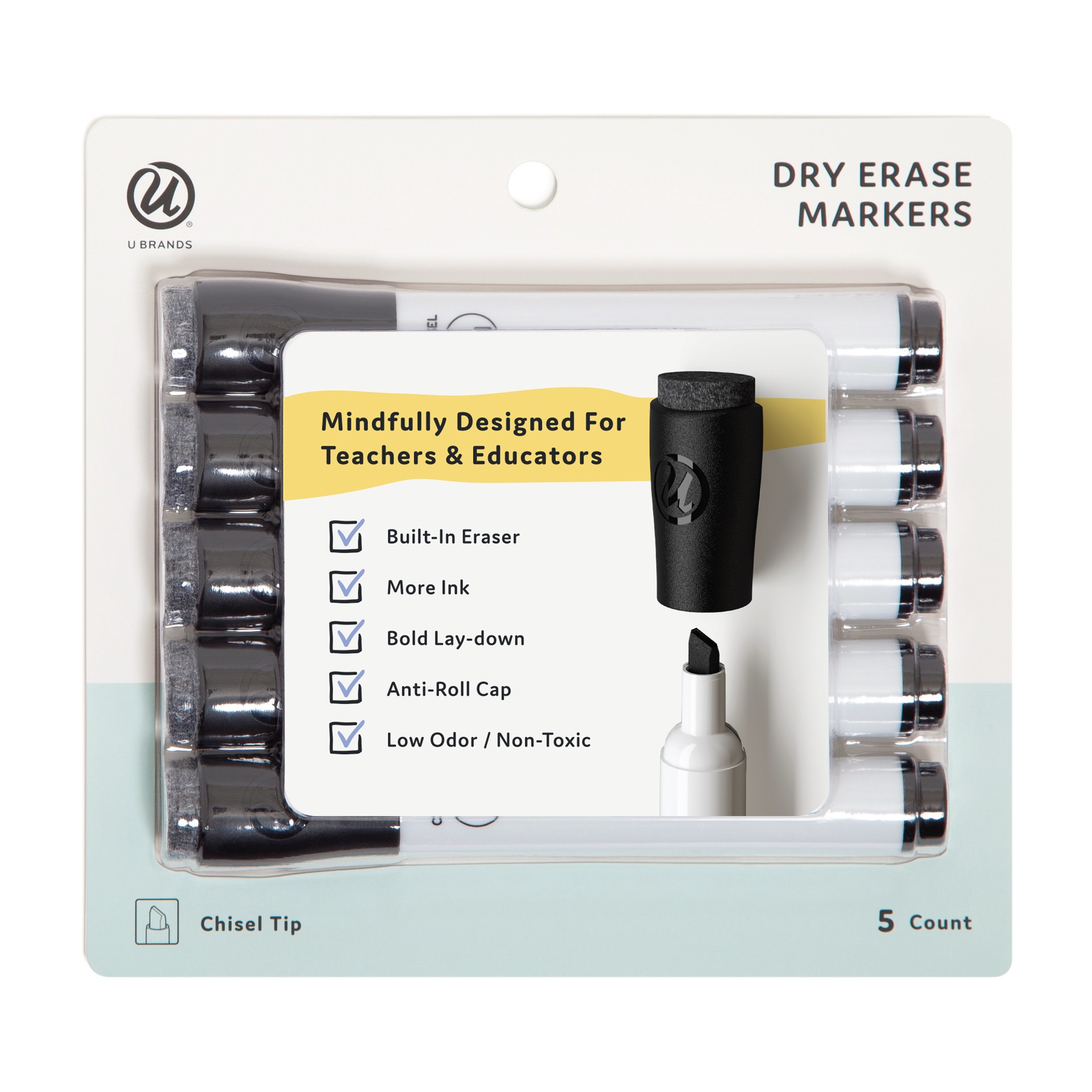slide 6 of 6, U Brands Dry Erase Markers, Set of 5, Black, Low-Odor, Chisel (5 mm) Tip, 5 ct