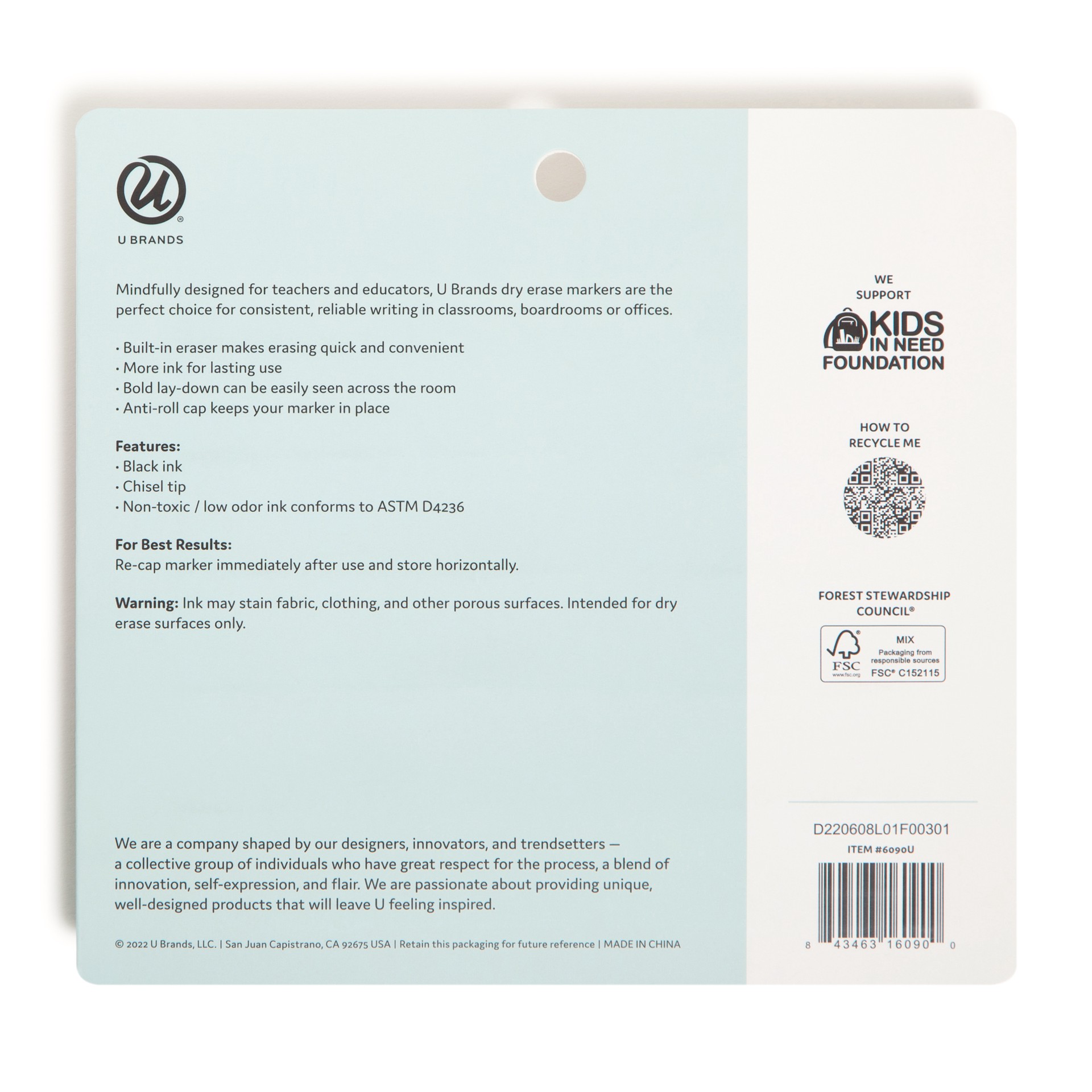 slide 2 of 6, U Brands Dry Erase Markers, Set of 5, Black, Low-Odor, Chisel (5 mm) Tip, 5 ct