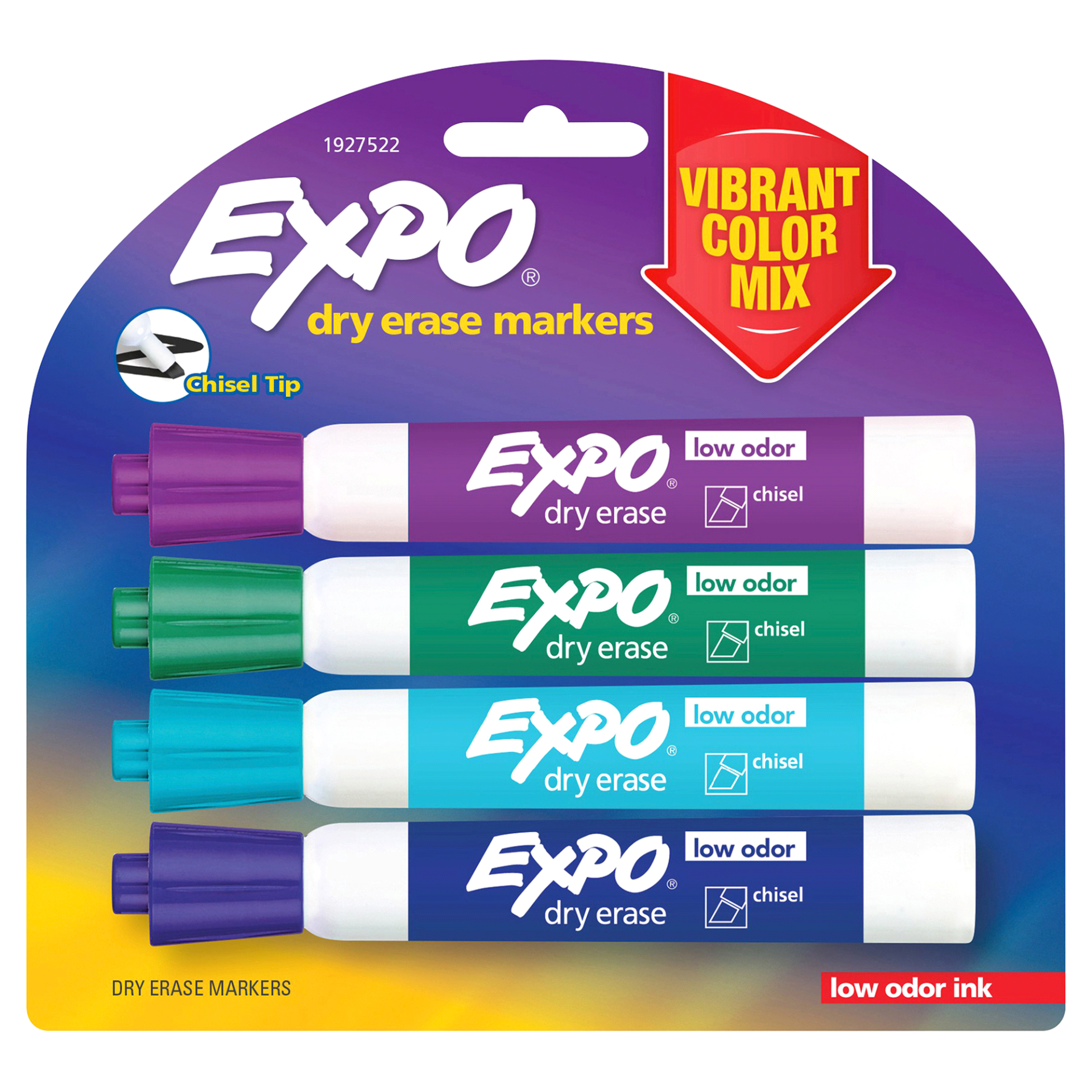 slide 1 of 3, Expo Low Odor Dry Erase Markers, Chisel Tip, Vibrant Colors, 4 ct