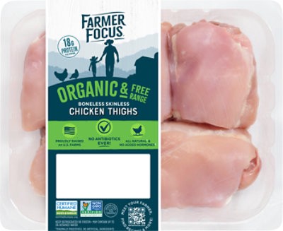 slide 1 of 1, Farmer Focus Organic Boneless Skinless Chicken Thighs - 1 Lb, per lb