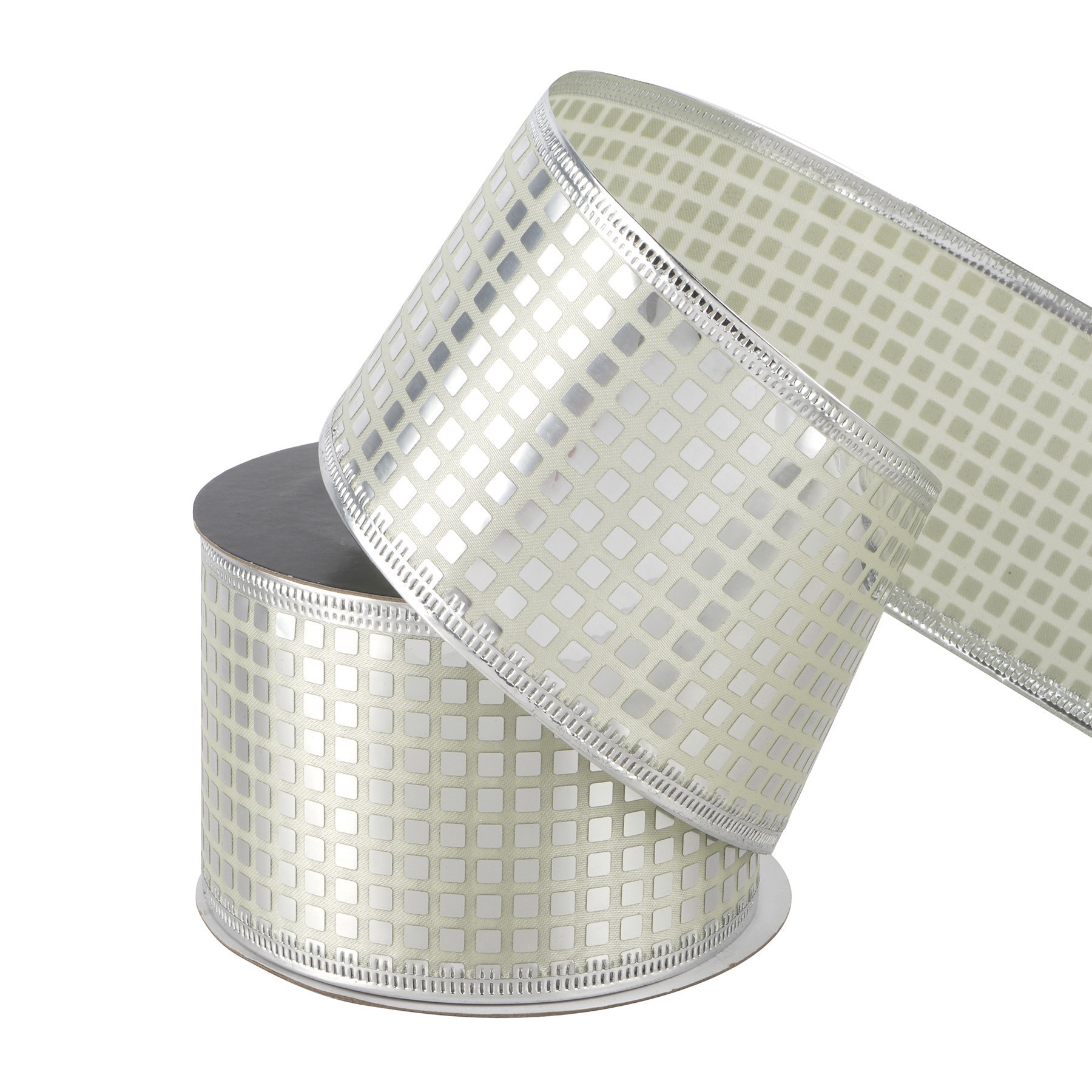 slide 3 of 3, 2.5" X 20ft. Silver Squares Wired Ribbon By Celebrate It Halloween, 2.5 in x 6.6 yd