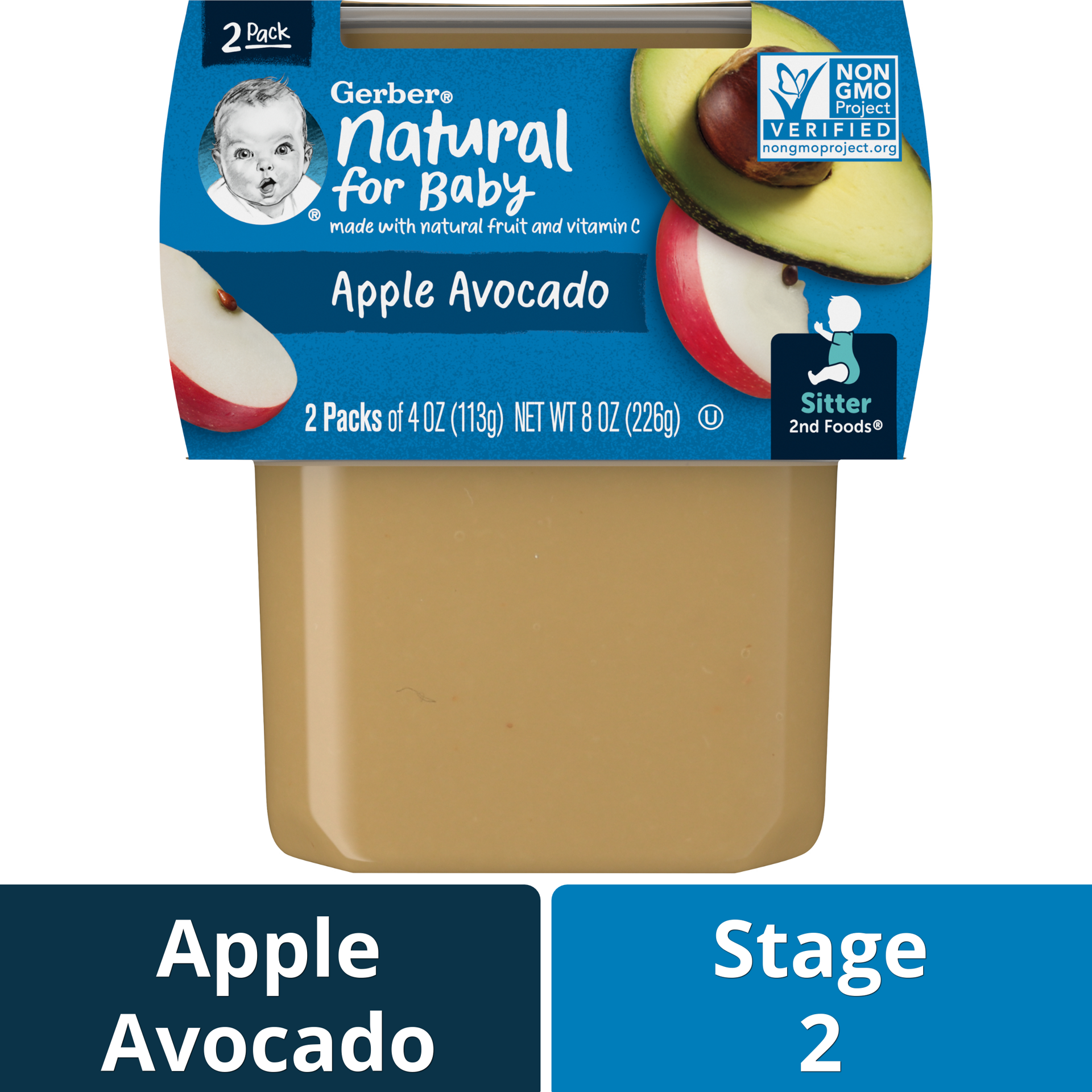 slide 1 of 5, Gerber Stage 2 Baby Food, Apple Avocado Puree, 4 oz Tubs (2 Pack), 8 oz