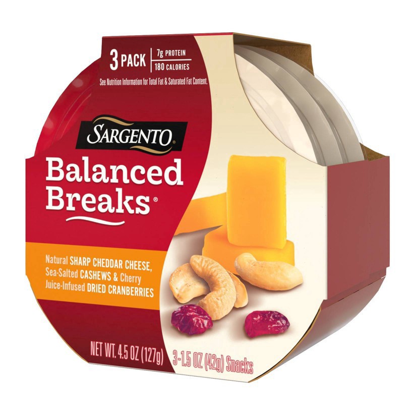 slide 19 of 34, Sargento Balanced Breaks Natural Sharp Cheddar Cheese, Sea-Salted Cashews and Cherry Juice-Infused Dried Cranberries, 3-Pack, 3 ct