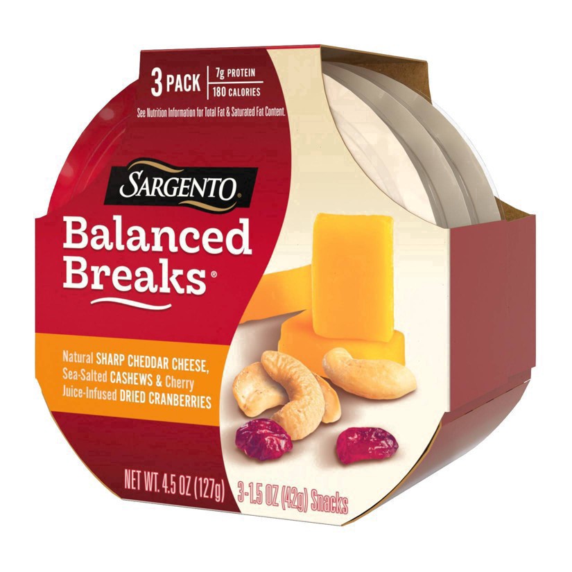 slide 3 of 34, Sargento Balanced Breaks with Natural Sharp Cheddar Cheese, Sea-Salted Cashews and Cherry Juice-Infused Dried Cranberries, 1.5 oz., 3-Pack, 3 ct