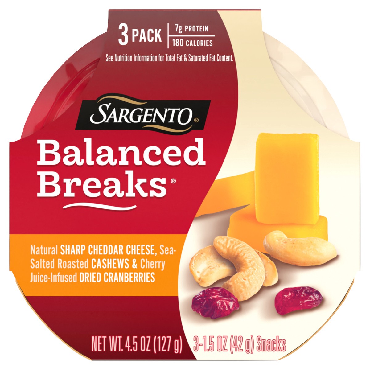 slide 1 of 34, Sargento Balanced Breaks Natural Sharp Cheddar Cheese, Sea-Salted Cashews and Cherry Juice-Infused Dried Cranberries, 3-Pack, 3 ct