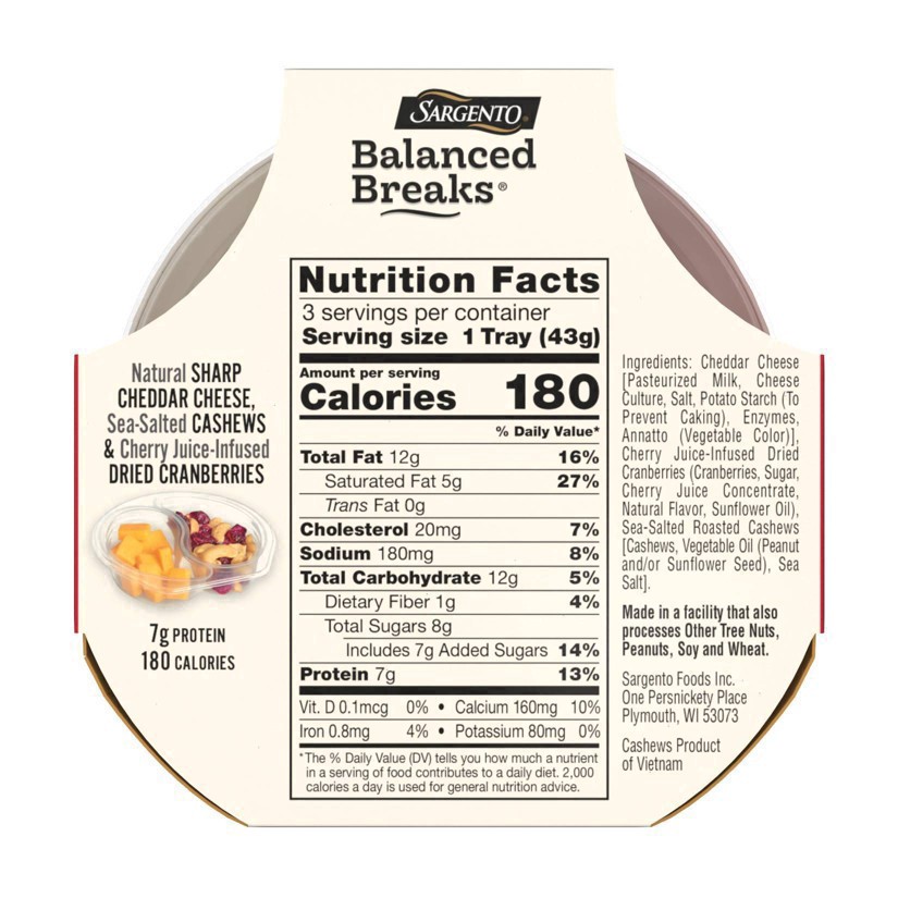 slide 13 of 34, Sargento Balanced Breaks with Natural Sharp Cheddar Cheese, Sea-Salted Cashews and Cherry Juice-Infused Dried Cranberries, 1.5 oz., 3-Pack, 3 ct
