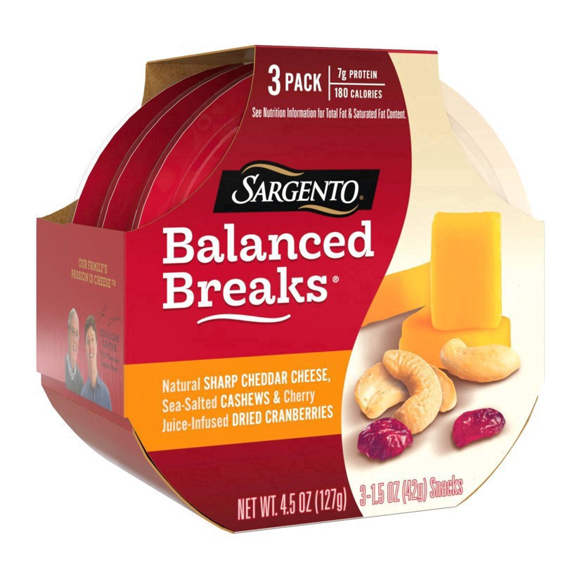 slide 23 of 34, Sargento Balanced Breaks Natural Sharp Cheddar Cheese, Sea-Salted Cashews and Cherry Juice-Infused Dried Cranberries, 3-Pack, 3 ct