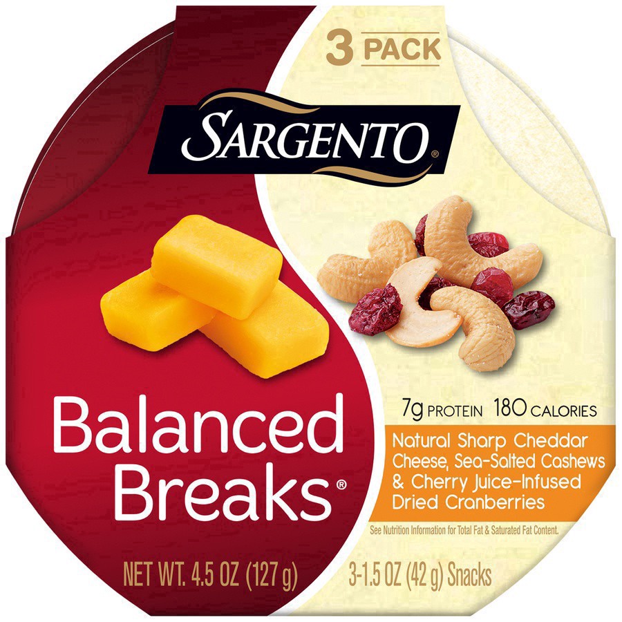 slide 25 of 34, Sargento Balanced Breaks with Natural Sharp Cheddar Cheese, Sea-Salted Cashews and Cherry Juice-Infused Dried Cranberries, 1.5 oz., 3-Pack, 3 ct