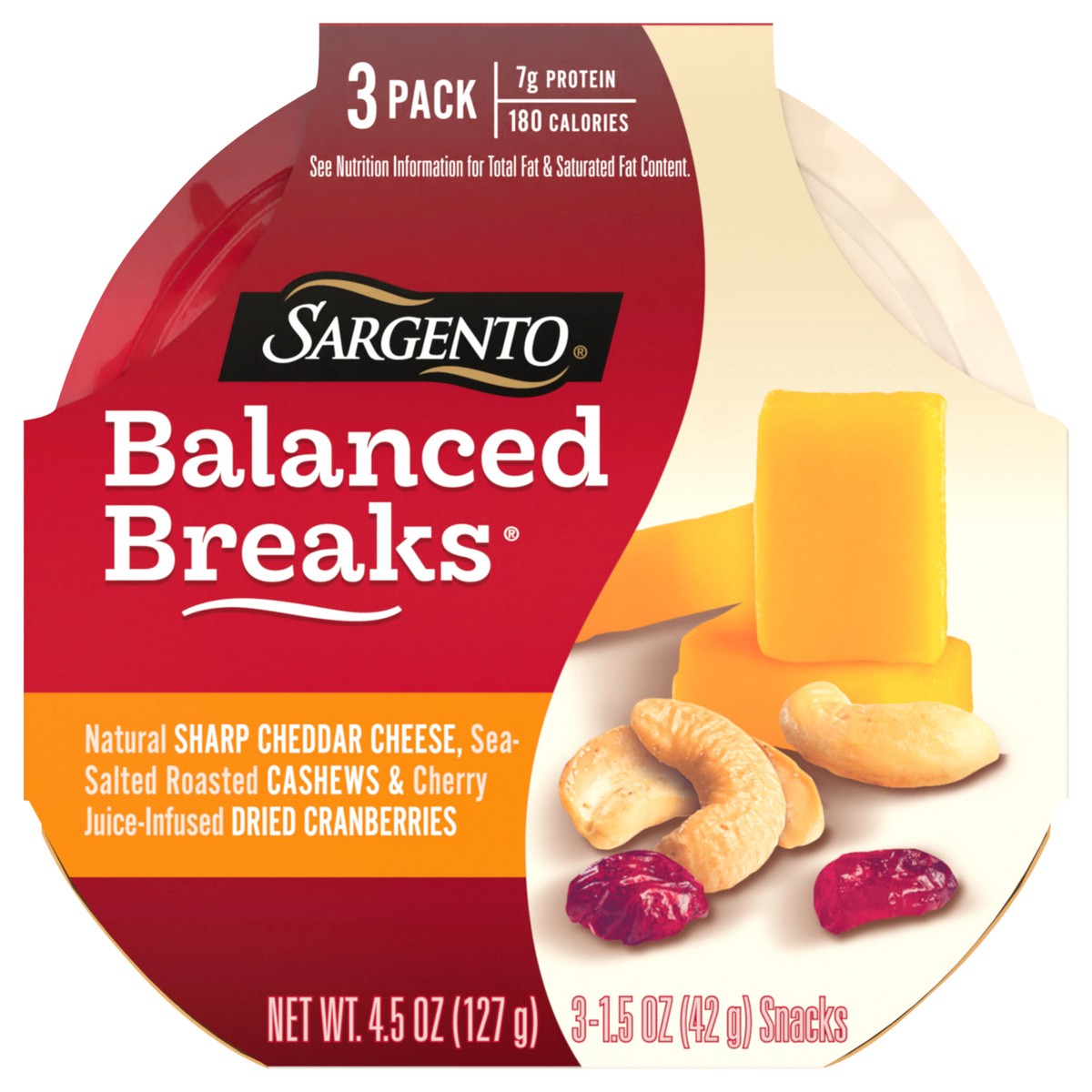 slide 1 of 34, Sargento Balanced Breaks Natural Sharp Cheddar Cheese, Sea-Salted Cashews and Cherry Juice-Infused Dried Cranberries, 3-Pack, 3 ct