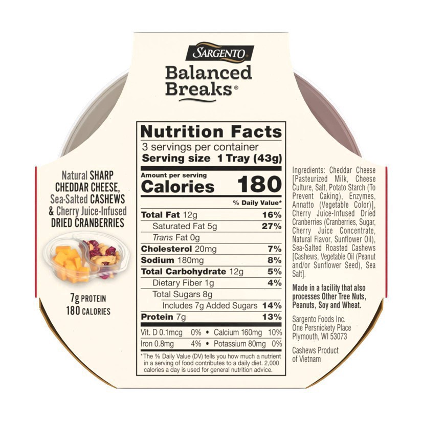 slide 4 of 34, Sargento Balanced Breaks with Natural Sharp Cheddar Cheese, Sea-Salted Cashews and Cherry Juice-Infused Dried Cranberries, 1.5 oz., 3-Pack, 3 ct