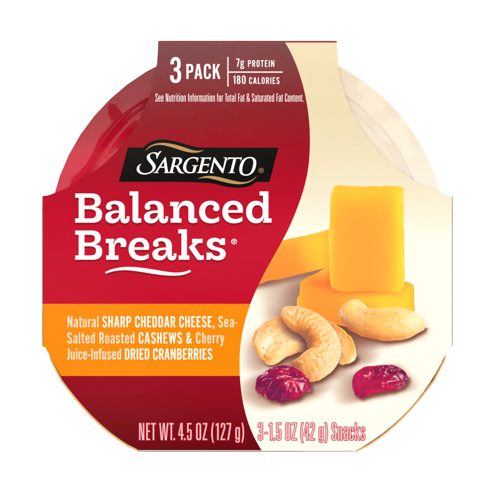 slide 1 of 34, Sargento Balanced Breaks with Natural Sharp Cheddar Cheese, Sea-Salted Cashews and Cherry Juice-Infused Dried Cranberries, 1.5 oz., 3-Pack, 4.5 oz