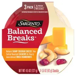 Sargento Balanced Breaks Natural Sharp Cheddar Cheese, Sea-Salted Cashews and Cherry Juice-Infused Dried Cranberries, 3-Pack