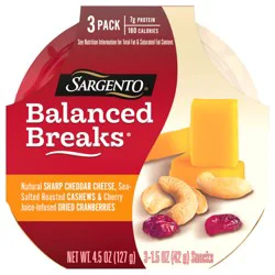 Sargento Balanced Breaks Natural Sharp Cheddar Cheese, Sea-Salted Cashews and Cherry Juice-Infused Dried Cranberries, 3-Pack