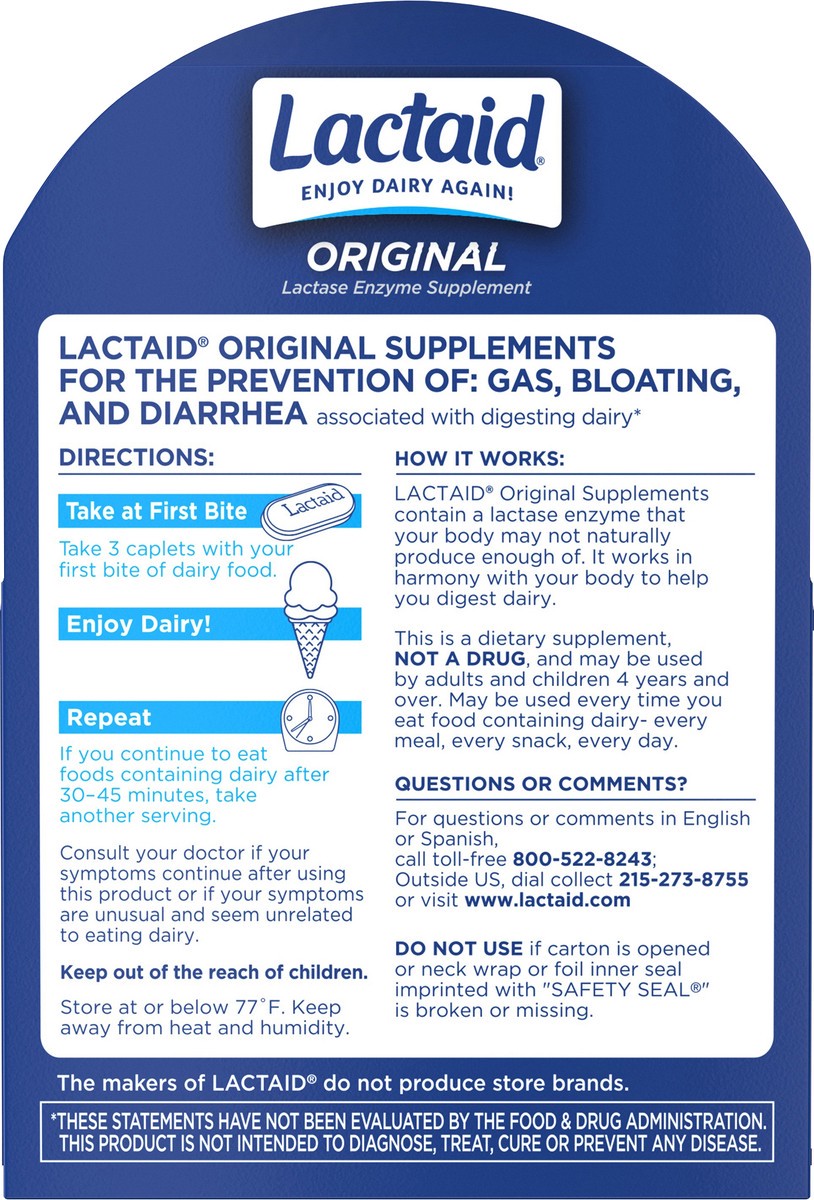 slide 3 of 7, Lactaid Original Strength Lactose Intolerance Relief Caplets with Natural Lactase Enzyme, Dietary Supplement to Help Prevent Gas, Bloating & Diarrhea Due to Lactose Sensitivity, 120 ct, 120 ct
