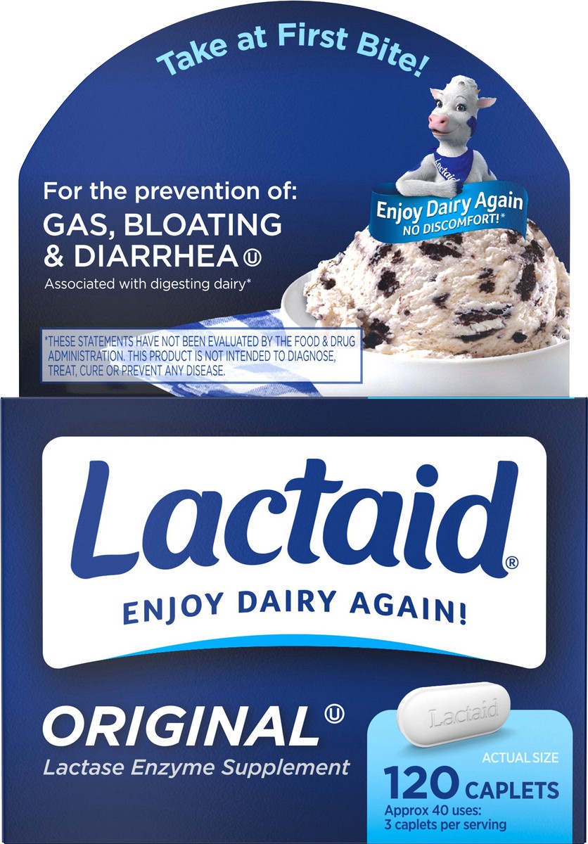 slide 4 of 7, Lactaid Original Strength Lactose Intolerance Relief Caplets with Natural Lactase Enzyme, Dietary Supplement to Help Prevent Gas, Bloating & Diarrhea Due to Lactose Sensitivity, 120 ct, 120 ct