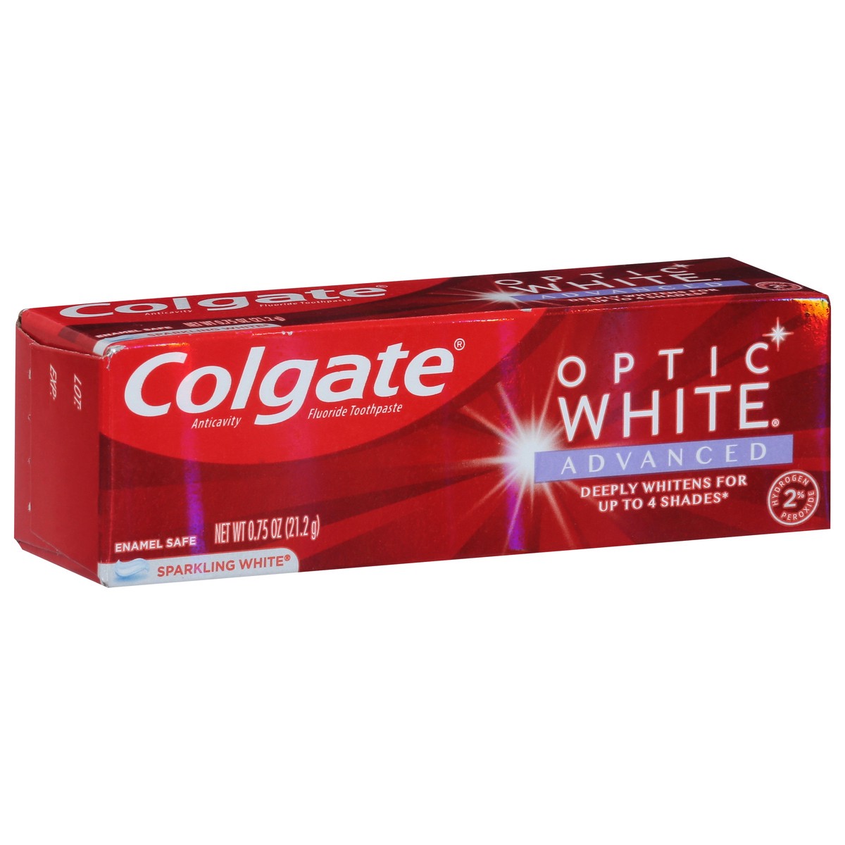 slide 9 of 9, Colgate Travel Size Optic White Advanced Hydrogen Peroxide Toothpaste, Sparkling White, 0.75 oz