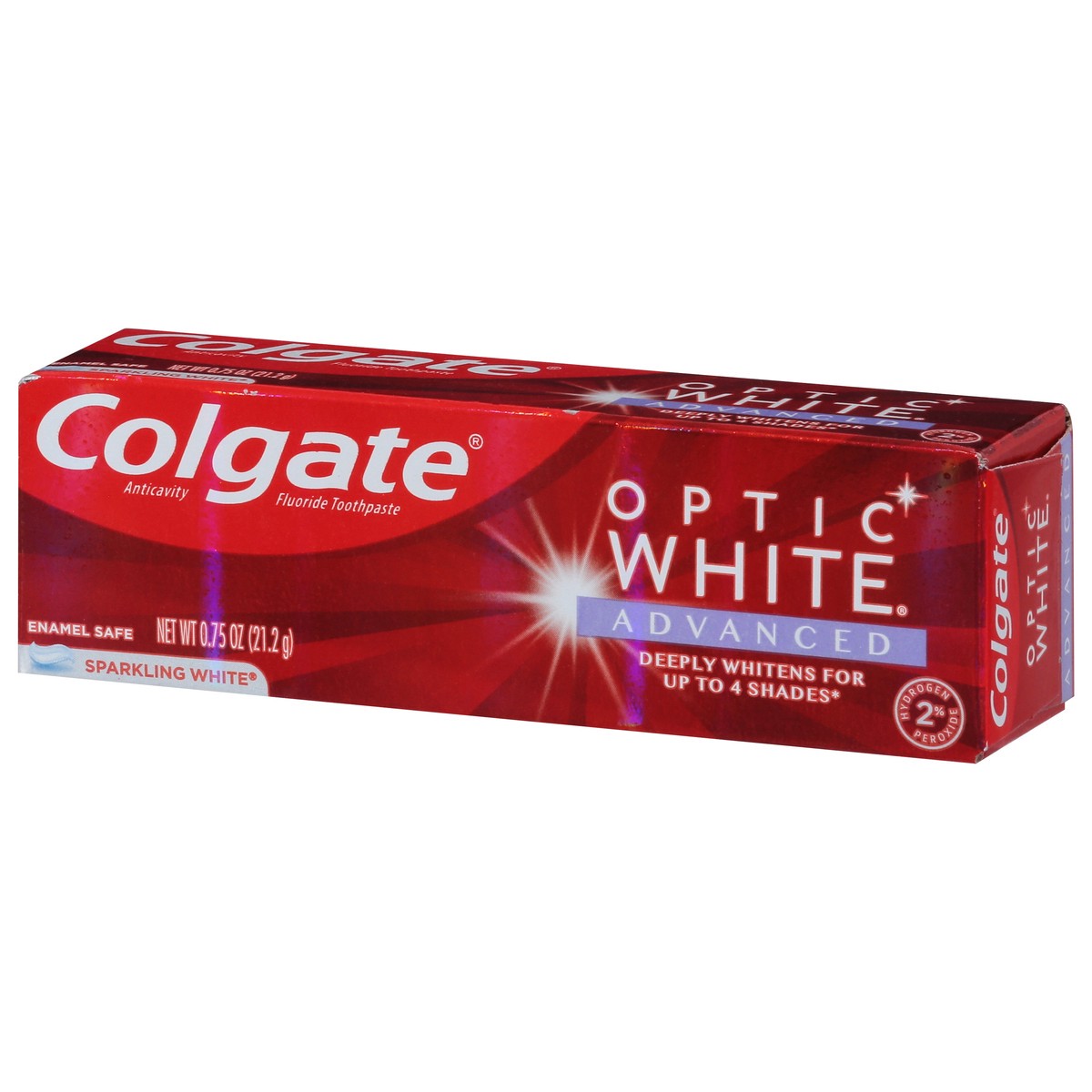 slide 7 of 9, Colgate Travel Size Optic White Advanced Hydrogen Peroxide Toothpaste, Sparkling White, 0.75 oz