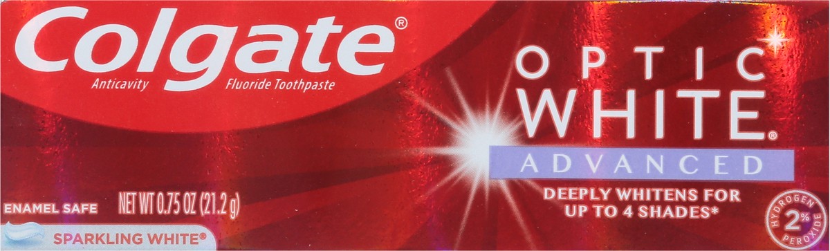 slide 6 of 9, Colgate Travel Size Optic White Advanced Hydrogen Peroxide Toothpaste, Sparkling White, 0.75 oz