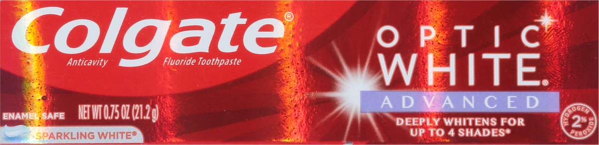 slide 8 of 9, Colgate Travel Size Optic White Advanced Hydrogen Peroxide Toothpaste, Sparkling White, 0.75 oz