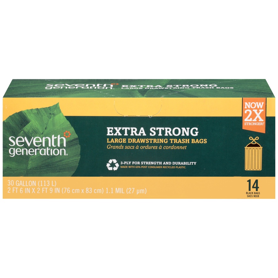 slide 1 of 1, Seventh Generation Black Extra Strong Large Drawstring Trash Bags, 14 ct