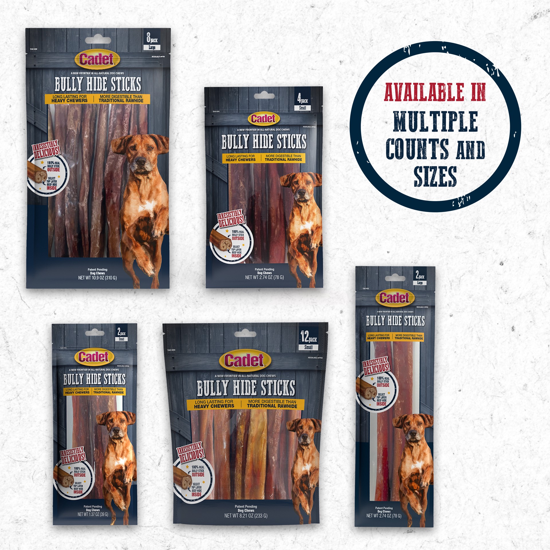 slide 7 of 10, Cadet Bully Hide Sticks All-Natural Dog Chews Large (4 Count), 4 ct