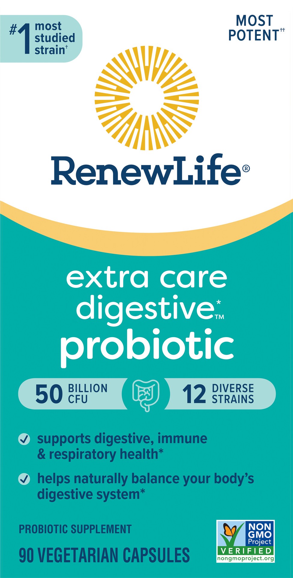 slide 1 of 5, Renew Life Extra Care Digestive Probiotic Supplement, 90 Vegetarian Probiotic Capsules, 50 Billion CFU, 90 ct