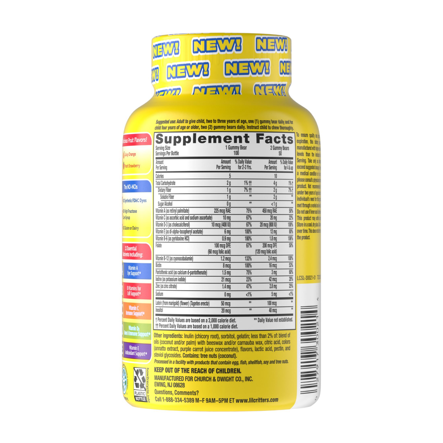 slide 2 of 2, L'il Critters L’il Critters Gummy Vites No Sugar Added Daily Gummy Multivitamin for Ages 2+ Toddlers & Kids, Vitamin C, D3 for Immune, Strawberry and Orange Flavors, 100 Gummies, 100 ct