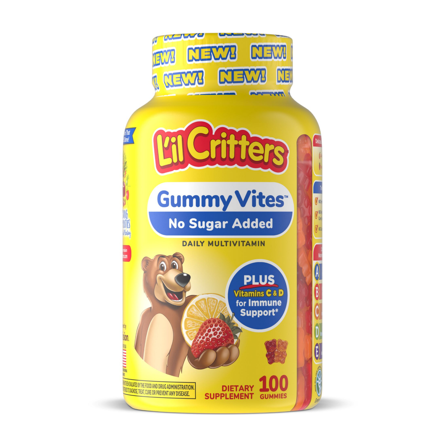 slide 1 of 2, L'il Critters L’il Critters Gummy Vites No Sugar Added Daily Gummy Multivitamin for Ages 2+ Toddlers & Kids, Vitamin C, D3 for Immune, Strawberry and Orange Flavors, 100 Gummies, 100 ct
