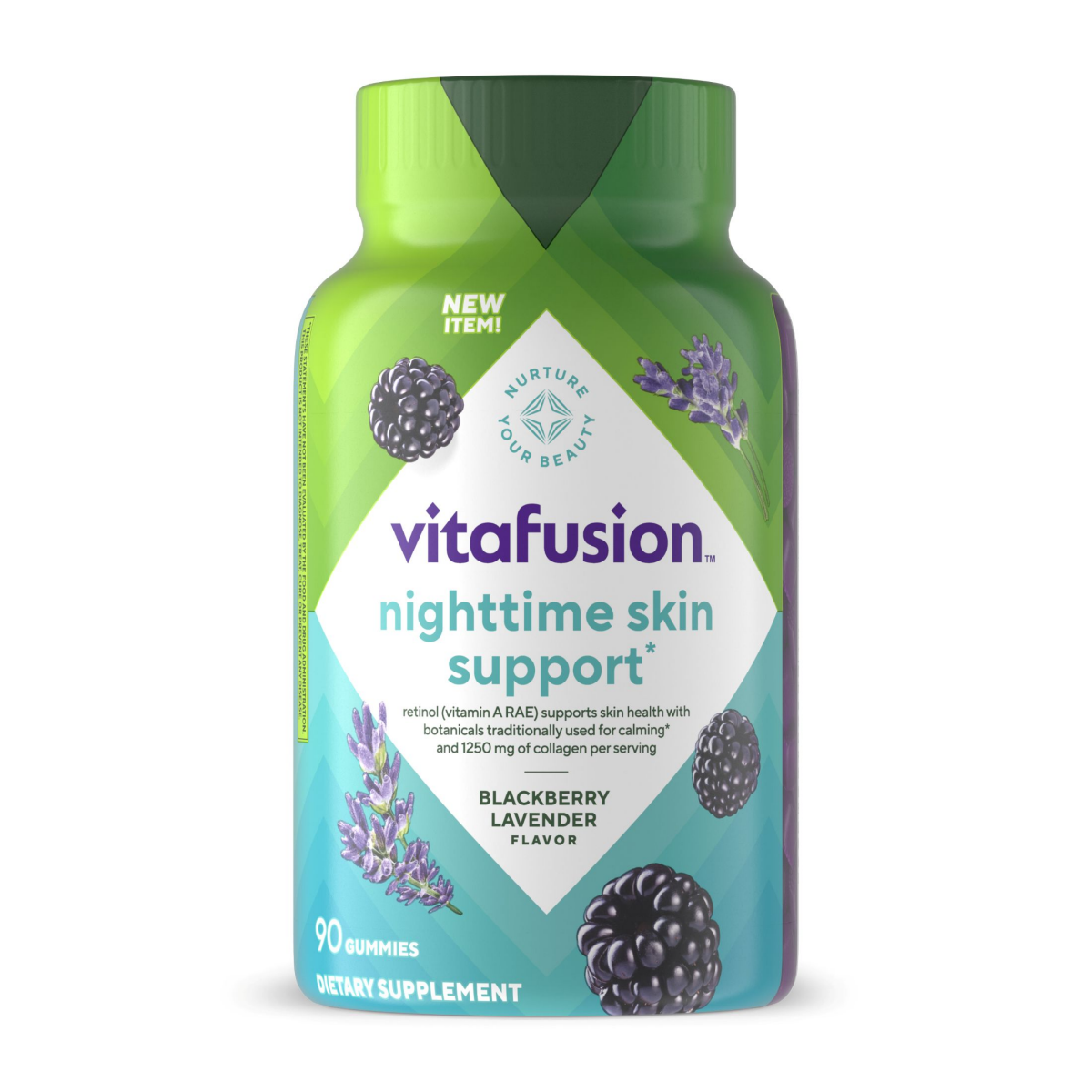 slide 1 of 2, vitafusion Nighttime Skin Support (1), Beauty Supplement with Retinol (Vitamin A RAE), Collagen & Bedtime Botanicals, Blackberry Lavender Flavor, 90 Count, 90 ct