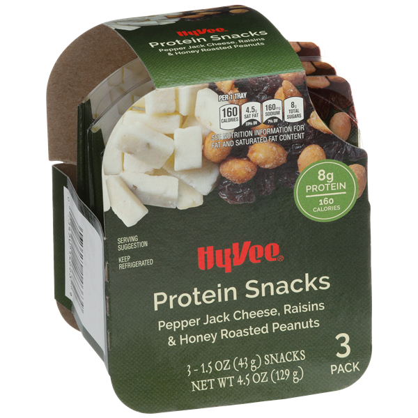 slide 1 of 1, Hy-vee Pepper Jack Cheese, Raisins & Honey Roasted Peanuts Protein Snacks, 4.5 oz