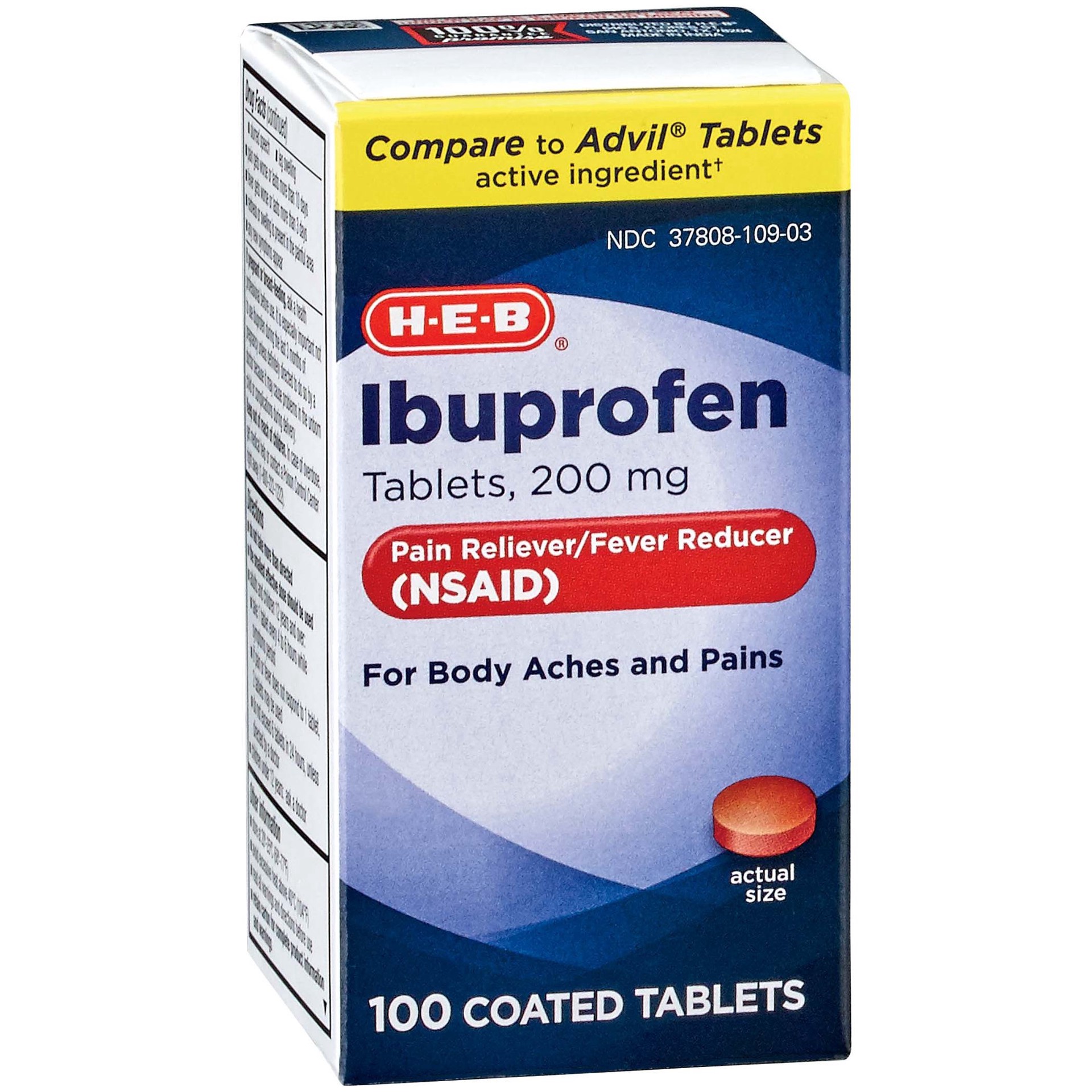 slide 1 of 1, H-E-B Ibuprofen 200 mg Coated Tablets, 100 ct