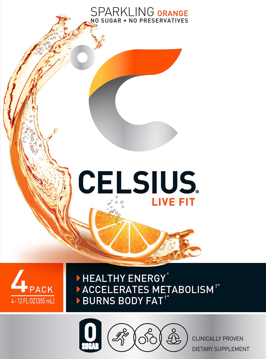 slide 4 of 7, CELSIUS Sparkling Orange 12 Fluid Ounce Sleek Can, 4 Count, 4 ct