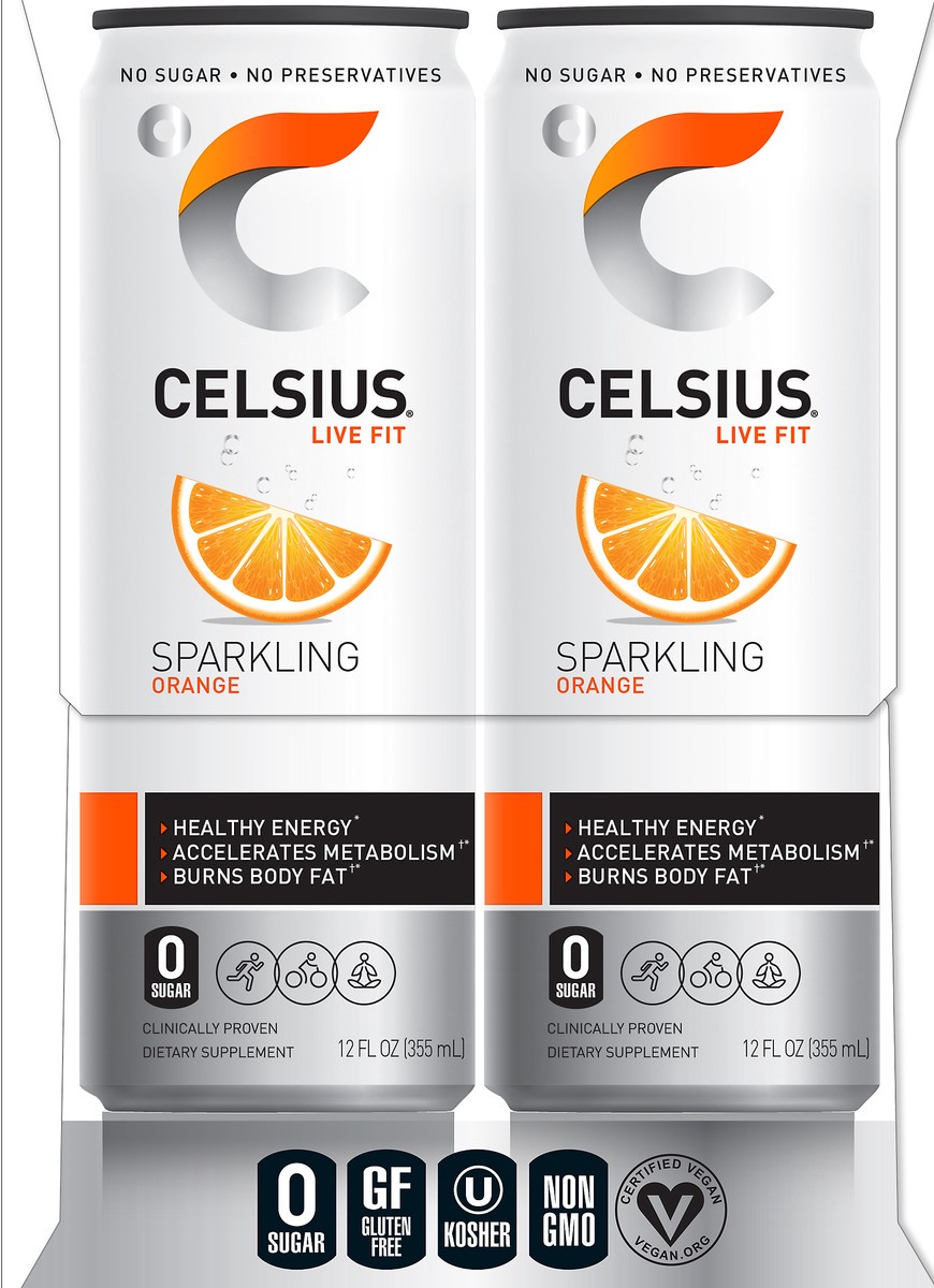 slide 5 of 7, CELSIUS Sparkling Orange 12 Fluid Ounce Sleek Can, 4 Count, 4 ct