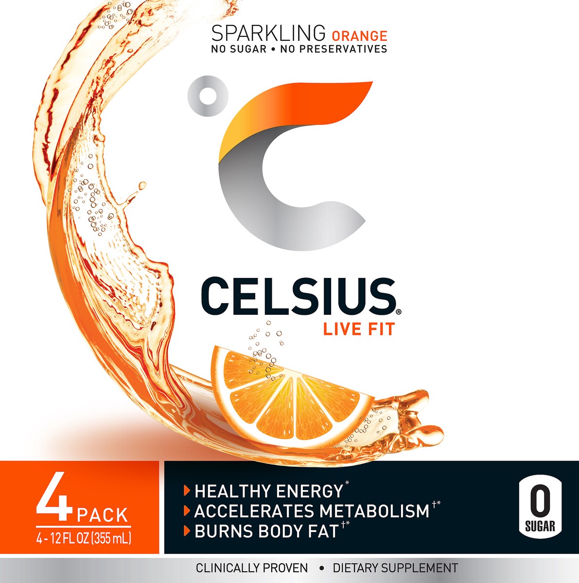slide 7 of 7, CELSIUS Sparkling Orange 12 Fluid Ounce Sleek Can, 4 Count, 4 ct