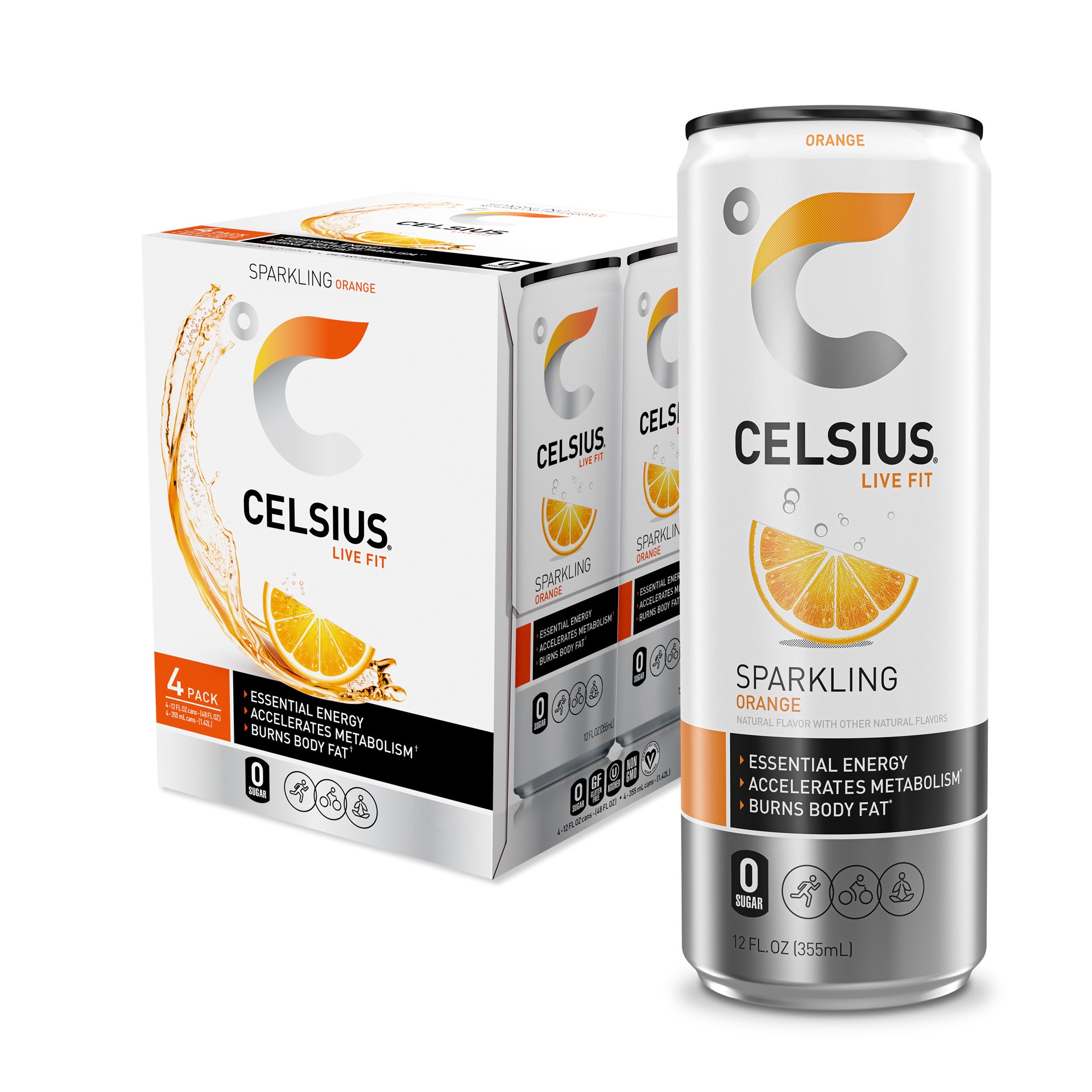 slide 1 of 4, CELSIUS Sparkling Orange, Functional Essential Energy Drink 12 Fl Oz (Pack of 4), 4 ct; 12 fl oz