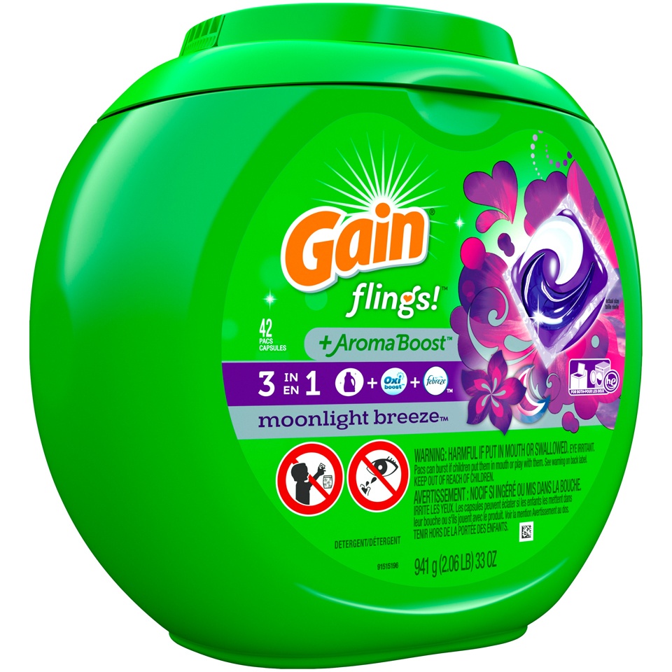 slide 2 of 2, Gain flings Laundry Detergent Soap Pacs, HE Compatible, 42 ct, Long Lasting Scent, Moonlight Breeze, 42 ct