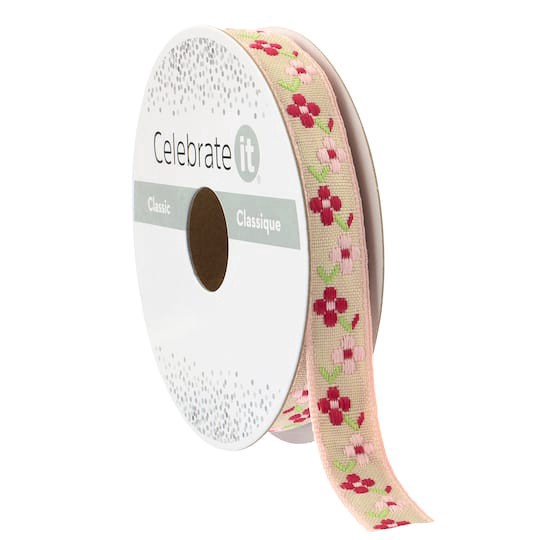 slide 1 of 2, 1/2" X 5yd. Pink Jacquard Floral Ribbon By Celebrate It Classic, 1/2 in x 5 yd