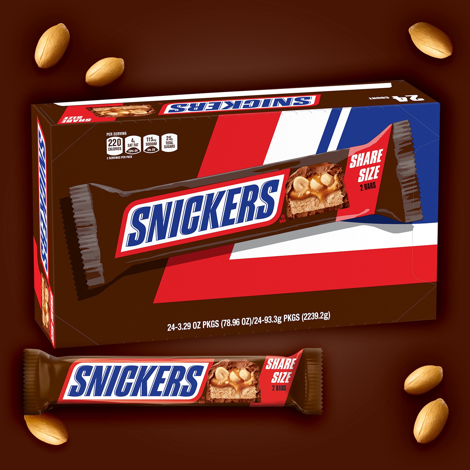 slide 8 of 8, SNICKERS Milk Chocolate Candy Bars Bulk Pack, Share Size (3.29 oz., 24 count), 78.96 oz