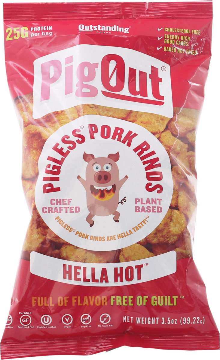 slide 1 of 13, Outstanding Foods Pig Out Hella Hot Pigless Pork Rinds 3.5 oz Bag, 3.5 oz