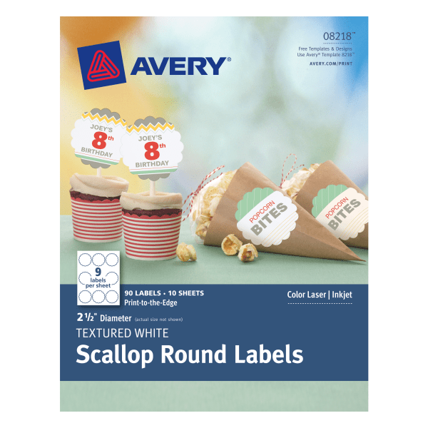 slide 1 of 1, Avery Print-To-The-Edge Permanent Scallop Labels, AVE08218, Textured White, 90 ct; 2.5 in