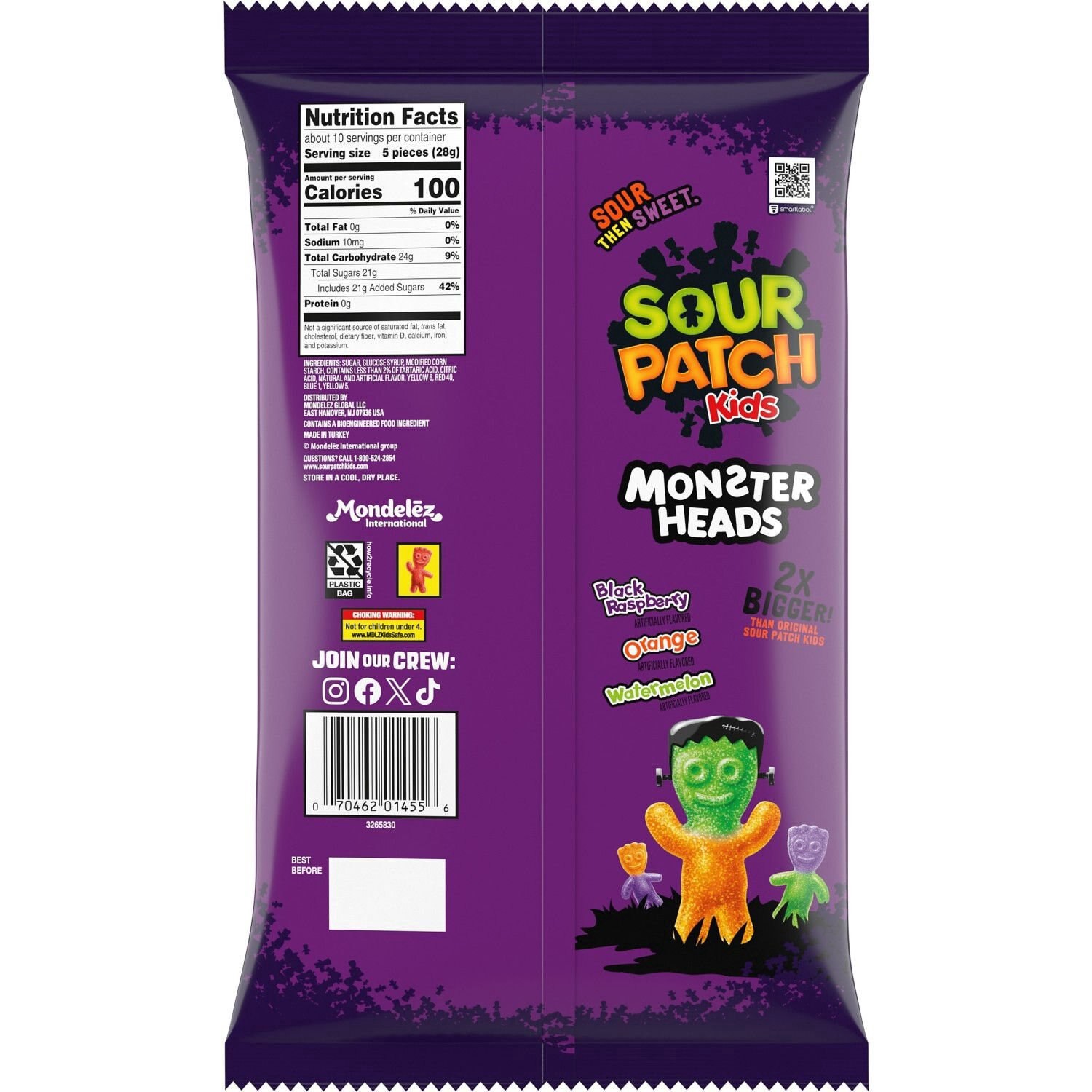 slide 7 of 9, SOUR PATCH KIDS Big Kids Monster Heads Individually Wrapped Soft & Chewy Halloween Candy, 10 oz, 10 oz