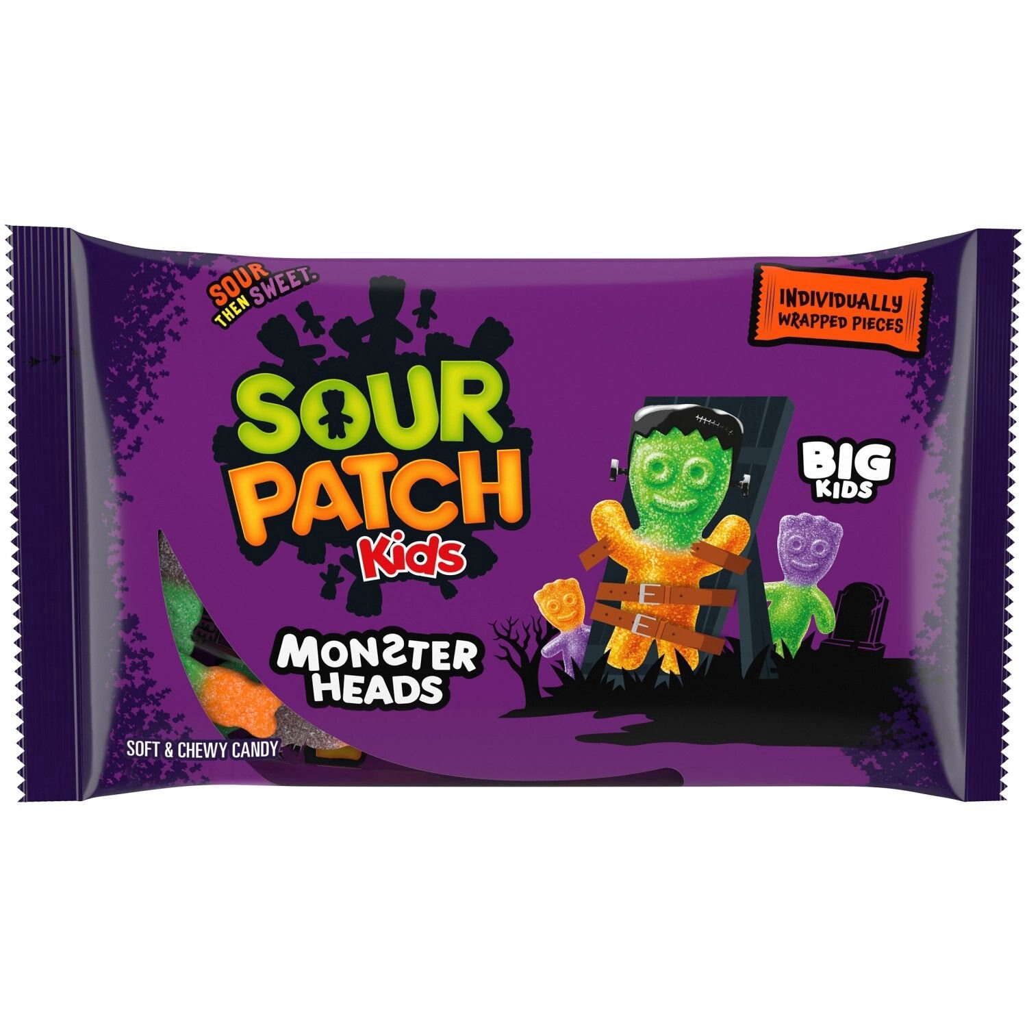 slide 1 of 9, SOUR PATCH KIDS Big Kids Monster Heads Individually Wrapped Soft & Chewy Halloween Candy, 10 oz, 10 oz