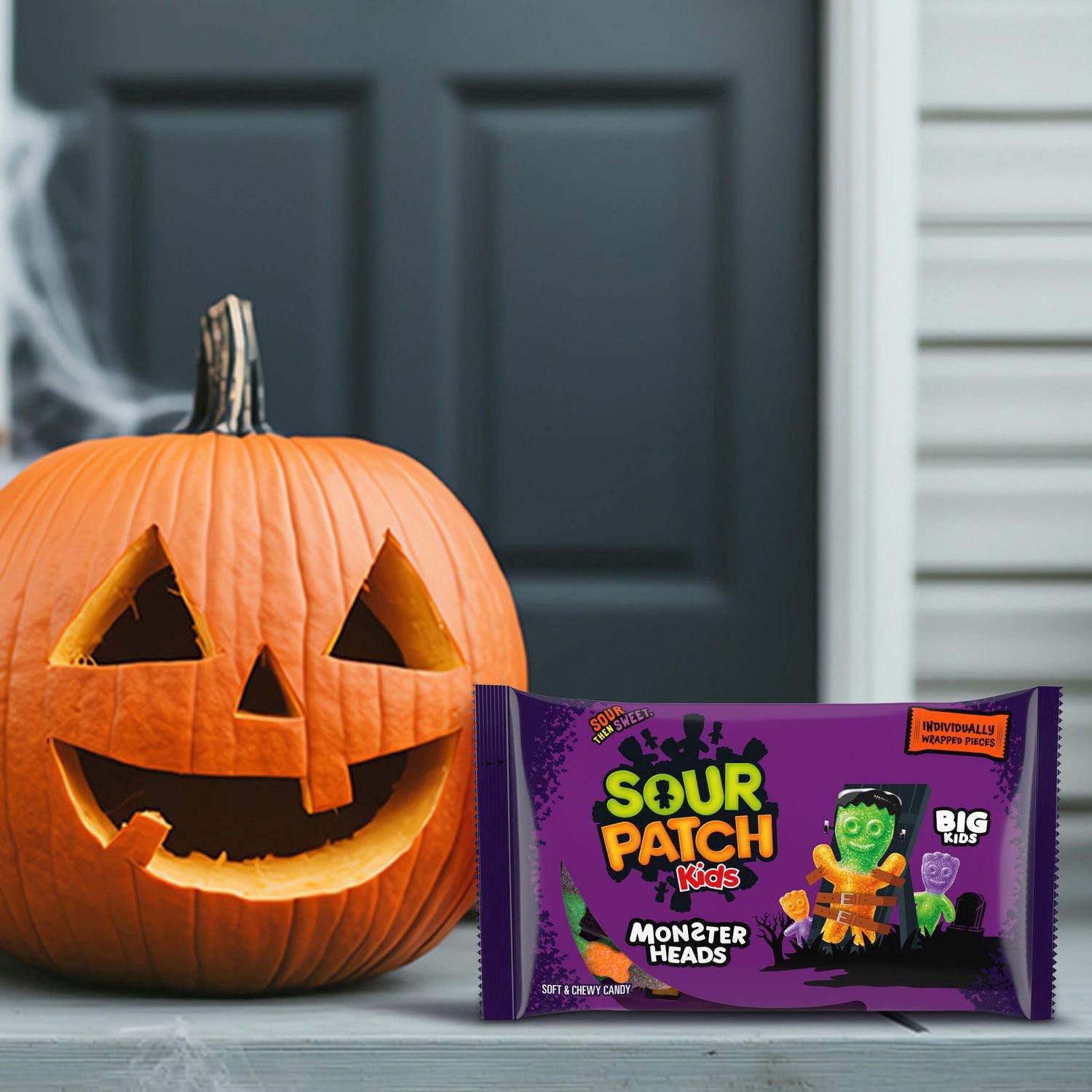 slide 5 of 9, SOUR PATCH KIDS Big Kids Monster Heads Individually Wrapped Soft & Chewy Halloween Candy, 10 oz, 10 oz