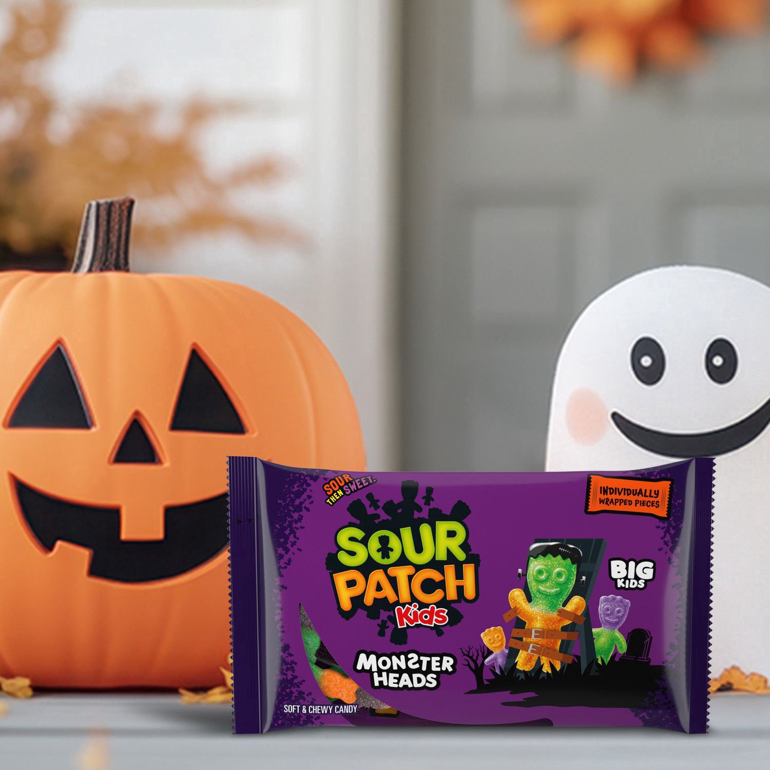 slide 9 of 9, SOUR PATCH KIDS Big Kids Monster Heads Individually Wrapped Soft & Chewy Halloween Candy, 10 oz, 10 oz